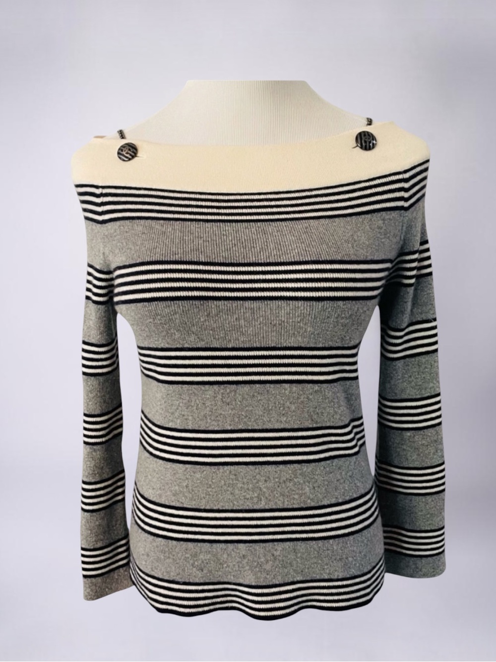 CHANEL 100% CASHMERE STRIPPED BATEAU NECK CHAIN BUTTON SWEATER SIZE 36